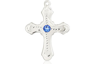 Sterling Silver Cross Pendant with a 3mm Sapphire Swarovski stone on an 18-inch Sterling Silver Light Curb Chain Engraved Catholic Saint Jewelry