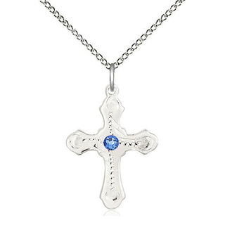 Sterling Silver Cross | 3mm Sapphire Swarovski stone | 18-inch Sterling Silver Chain | Engravable