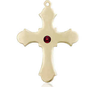 14kt Gold Filled Cross Pendant with a 3mm Garnet Swarovski stone on an 24-inch Gold Plate Heavy Curb Chain