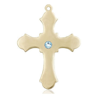 14kt Gold Filled Cross Pendant with a 3mm Aqua Swarovski stone on an 24-inch Gold Plate Heavy Curb Chain
