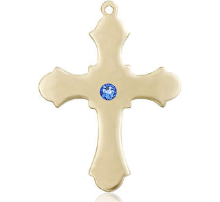 14kt Gold Filled Cross Pendant with a 3mm Sapphire Swarovski stone on an 24-inch Gold Plate Heavy Curb Chain
