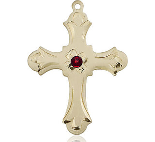 14kt Gold Filled Cross Pendant with a 3mm Garnet Swarovski stone on an 24-inch Gold Plate Heavy Curb Chain Engraved Catholic Saint Jewelry