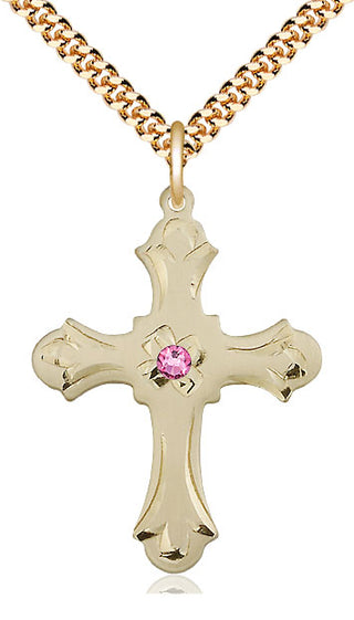 14kt Gold Filled Cross | 3mm Rose Swarovski stone | 24-inch Gold Plate Chain | Engravable