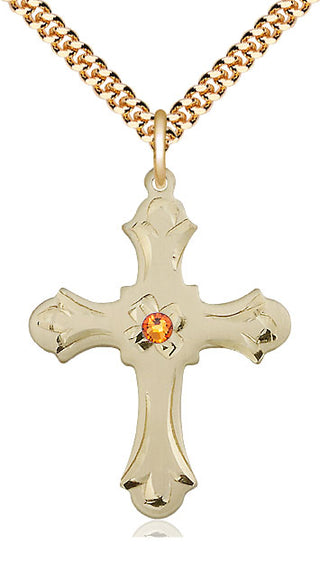 14kt Gold Filled Cross | 3mm Topaz Swarovski stone | 24-inch Gold Plate Chain | Engravable