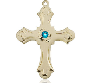 14kt Gold Filled Cross Pendant with a 3mm Zircon Swarovski stone on an 24-inch Gold Plate Heavy Curb Chain Engraved Catholic Saint Jewelry