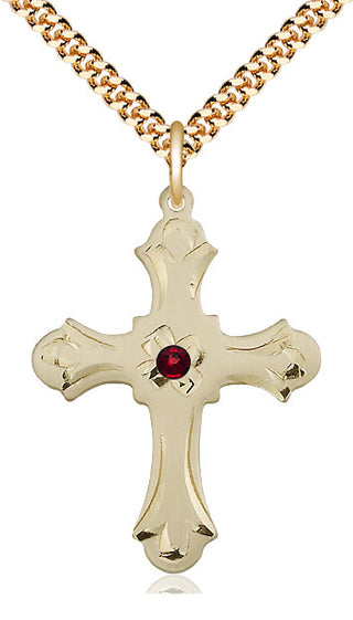 14kt Gold Filled Cross | 3mm Garnet Swarovski stone | 24-inch Gold Plate Chain | Engravable