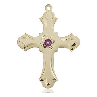 14kt Gold Filled Cross Pendant with a 3mm Amethyst Swarovski stone on an 24-inch Gold Plate Heavy Curb Chain Engraved Catholic Saint Jewelry