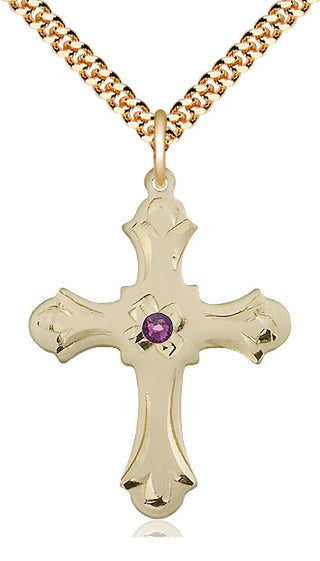 14kt Gold Filled Cross | 3mm Amethyst Swarovski stone | 24-inch Gold Plate Chain | Engravable