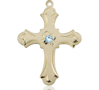 14kt Gold Filled Cross Pendant with a 3mm Aqua Swarovski stone on an 24-inch Gold Plate Heavy Curb Chain Engraved Catholic Saint Jewelry