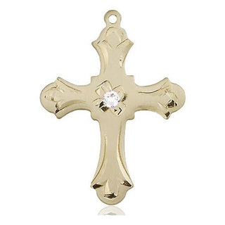 14kt Gold Filled Cross Pendant with a 3mm Crystal Swarovski stone on an 24-inch Gold Plate Heavy Curb Chain Engraved Catholic Saint Jewelry