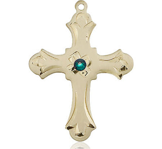 14kt Gold Filled Cross Pendant with a 3mm Emerald Swarovski stone on an 24-inch Gold Plate Heavy Curb Chain Engraved Catholic Saint Jewelry