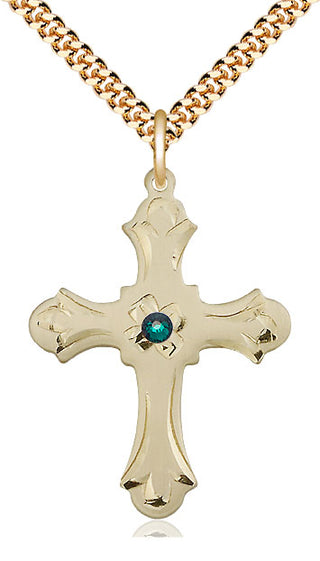 14kt Gold Filled Cross | 3mm Emerald Swarovski stone | 24-inch Gold Plate Chain | Engravable