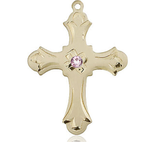 14kt Gold Filled Cross Pendant with a 3mm Light Amethyst Swarovski stone on an 24-inch Gold Plate Heavy Curb Chain Engraved Catholic Saint Jewelry