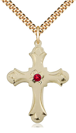 14kt Gold Filled Cross | 3mm Ruby Swarovski stone | 24-inch Gold Plate Chain | Engravable