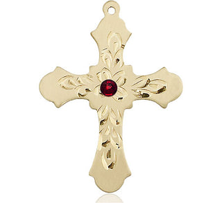 14kt Gold Filled Cross Pendant with a 3mm Garnet Swarovski stone on an 24-inch Gold Plate Heavy Curb Chain Engraved Catholic Saint Jewelry