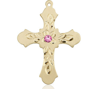 14kt Gold Filled Cross Pendant with a 3mm Rose Swarovski stone on an 24-inch Gold Plate Heavy Curb Chain Engraved Catholic Saint Jewelry