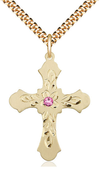 14kt Gold Filled Cross | 3mm Rose Swarovski stone | 24-inch Gold Plate Chain | Engravable