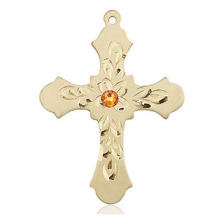 14kt Gold Filled Cross Pendant with a 3mm Topaz Swarovski stone on an 24-inch Gold Plate Heavy Curb Chain Engraved Catholic Saint Jewelry