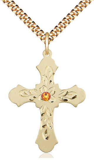 14kt Gold Filled Cross | 3mm Topaz Swarovski stone | 24-inch Gold Plate Chain | Engravable