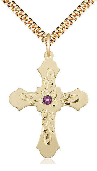 14kt Gold Filled Cross | 3mm Amethyst Swarovski stone | 24-inch Gold Plate Chain | Engravable