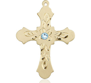 14kt Gold Filled Cross Pendant with a 3mm Aqua Swarovski stone on an 24-inch Gold Plate Heavy Curb Chain Engraved Catholic Saint Jewelry