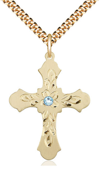 14kt Gold Filled Cross | 3mm Aqua Swarovski stone | 24-inch Gold Plate Chain | Engravable