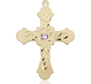 14kt Gold Filled Cross Pendant with a 3mm Light Amethyst Swarovski stone on an 24-inch Gold Plate Heavy Curb Chain Engraved Catholic Saint Jewelry