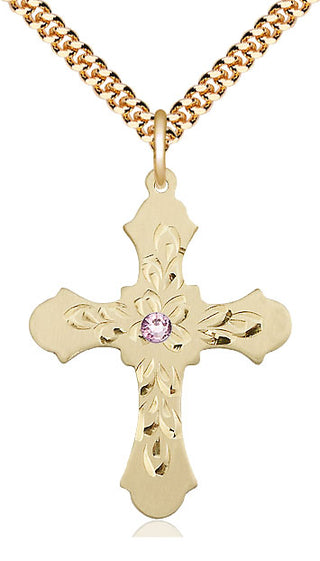 14kt Gold Filled Cross | 3mm Light Amethyst Swarovski stone | 24-inch Gold Plate Chain | Engravable