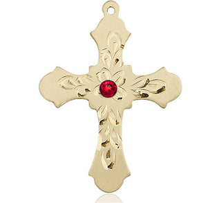 14kt Gold Filled Cross Pendant with a 3mm Ruby Swarovski stone on an 24-inch Gold Plate Heavy Curb Chain Engraved Catholic Saint Jewelry