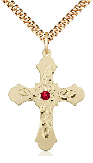 14kt Gold Filled Cross | 3mm Ruby Swarovski stone | 24-inch Gold Plate Chain | Engravable