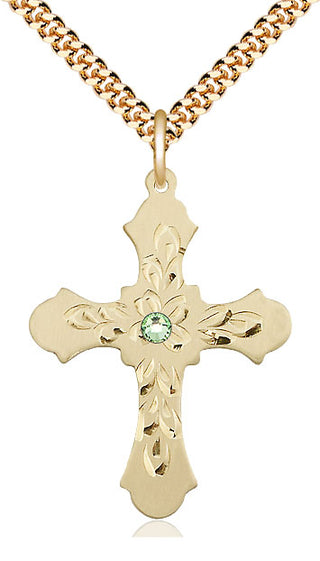 14kt Gold Filled Cross | 3mm Peridot Swarovski stone | 24-inch Gold Plate Chain | Engravable