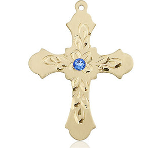 14kt Gold Filled Cross Pendant with a 3mm Sapphire Swarovski stone on an 24-inch Gold Plate Heavy Curb Chain Engraved Catholic Saint Jewelry