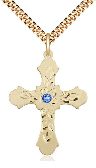 14kt Gold Filled Cross | 3mm Sapphire Swarovski stone | 24-inch Gold Plate Chain | Engravable