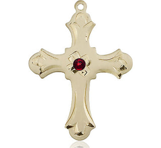 14kt Gold Cross Medal with a 3mm Garnet Swarovski stone Engraved Catholic Saint Jewelry