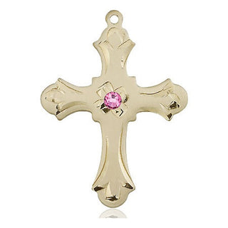14kt Gold Cross Medal with a 3mm Rose Swarovski stone Engraved Catholic Saint Jewelry