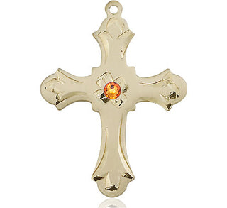 14kt Gold Cross Medal with a 3mm Topaz Swarovski stone Engraved Catholic Saint Jewelry