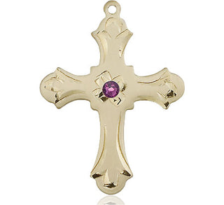 14kt Gold Cross Medal with a 3mm Amethyst Swarovski stone Engraved Catholic Saint Jewelry