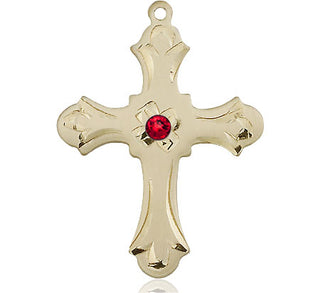 14kt Gold Cross Medal with a 3mm Ruby Swarovski stone Engraved Catholic Saint Jewelry