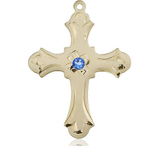 14kt Gold Cross Medal with a 3mm Sapphire Swarovski stone Engraved Catholic Saint Jewelry