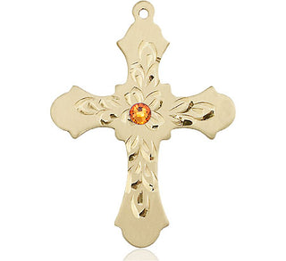 14kt Gold Cross Medal with a 3mm Topaz Swarovski stone Engraved Catholic Saint Jewelry