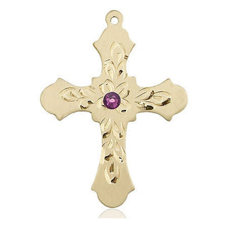 14kt Gold Cross Medal with a 3mm Amethyst Swarovski stone Engraved Catholic Saint Jewelry
