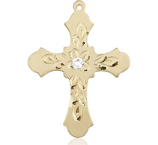 14kt Gold Cross Medal with a 3mm Crystal Swarovski stone Engraved Catholic Saint Jewelry