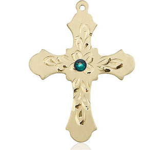 14kt Gold Cross Medal with a 3mm Emerald Swarovski stone Engraved Catholic Saint Jewelry