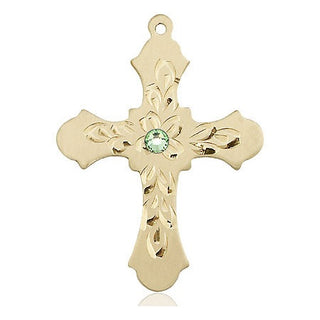 14kt Gold Cross Medal with a 3mm Peridot Swarovski stone Engraved Catholic Saint Jewelry