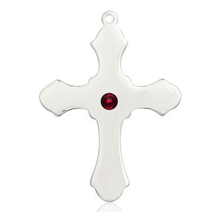 Sterling Silver Cross Pendant with a 3mm Garnet Swarovski stone on an 24-inch Light Rhodium Heavy Curb Chain