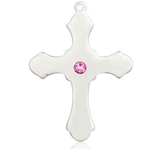 Sterling Silver Cross Pendant with a 3mm Rose Swarovski stone on an 24-inch Light Rhodium Heavy Curb Chain