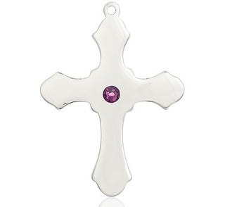 Sterling Silver Cross Pendant with a 3mm Amethyst Swarovski stone on an 24-inch Light Rhodium Heavy Curb Chain