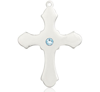 Sterling Silver Cross Pendant with a 3mm Aqua Swarovski stone on an 24-inch Light Rhodium Heavy Curb Chain