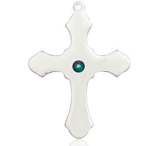 Sterling Silver Cross Pendant with a 3mm Emerald Swarovski stone on an 24-inch Light Rhodium Heavy Curb Chain