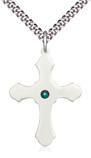 Sterling Silver Cross Pendant with 3mm Emerald Swarovski Necklace